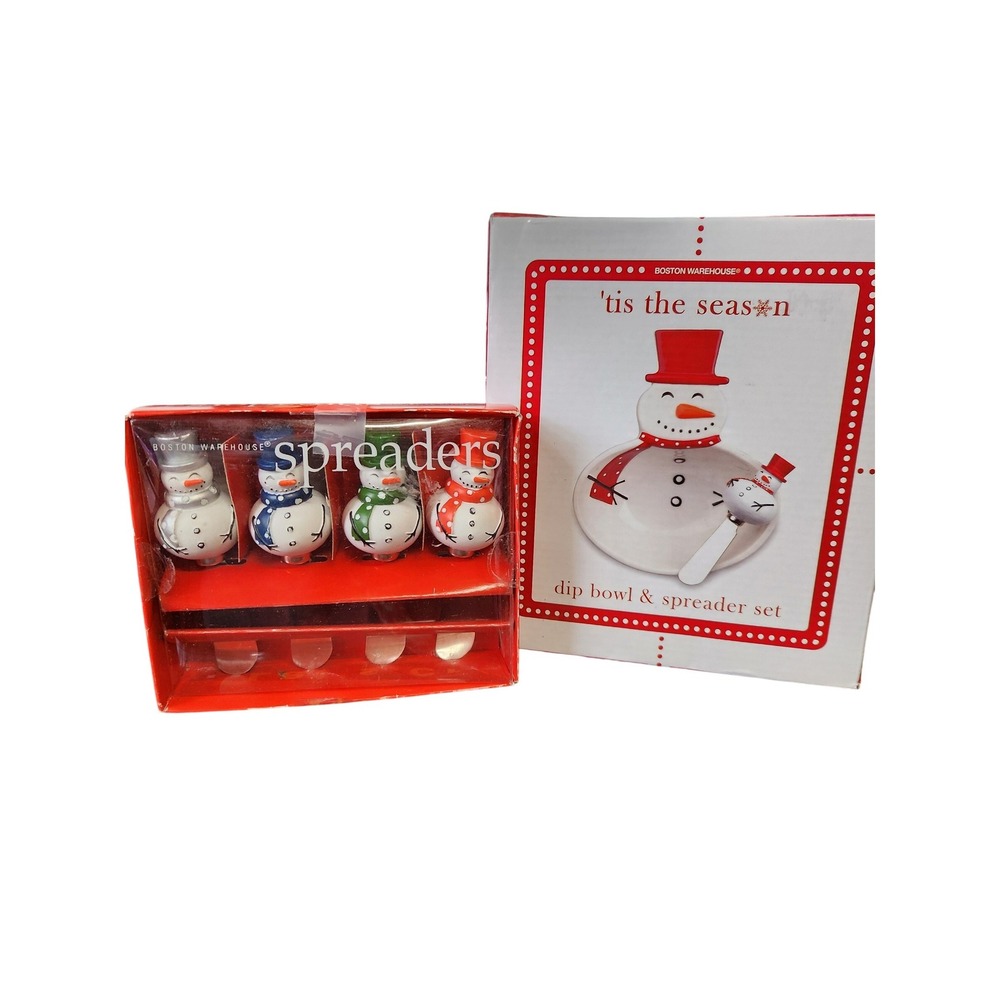 Boston Warehouse Tis The Season Snowman Dip Bowl & 4 Spreader Set‎ Christmas